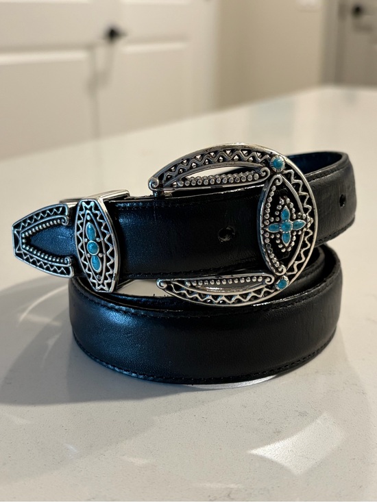 Brighton Accessories - Brighton Black Leather Belt Silver Plate with  Turquoise Buckle XL/36 B30113 USA